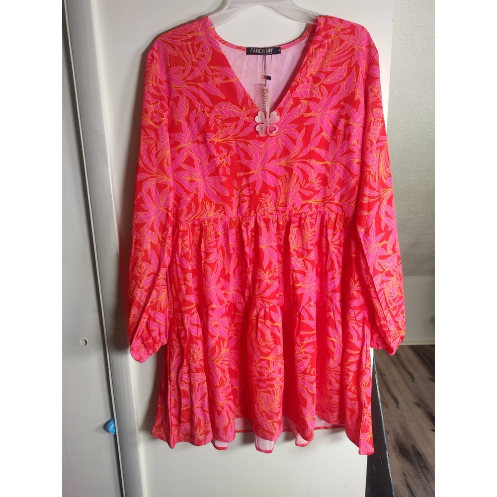 Fancyinn Pink Orange Tropical Leaf Print V-Neck Tiered Mini Babydoll Dress L NWT
